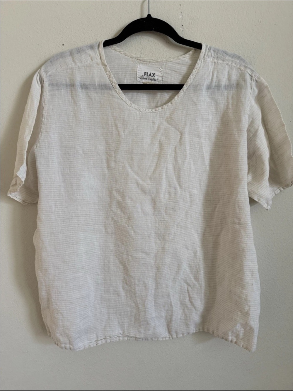 Flax Linen Short Sleeve Boxy Boho Textured Ivory Top M